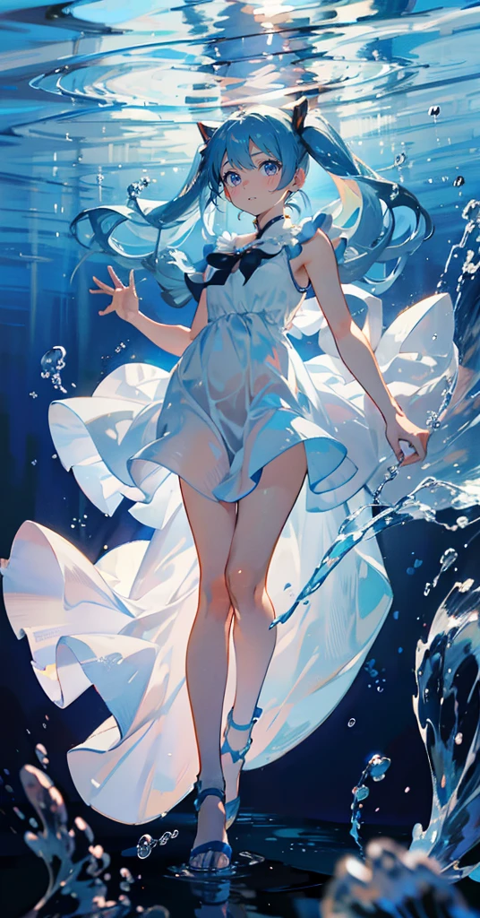 (muste piece), (best quality), very detailed, 1 girl, perfect face, (solo full body shot:1.3), very detailed顔,(blue hair long twin tails:1.5),(blue eyes:1.4),(in water:1.4),(white dress:1.5),Ocean,School of small fish,Light,bubble,jellyfish,Ocean藻,深Ocean,fantasy,Ocean底,float,smile:1.3