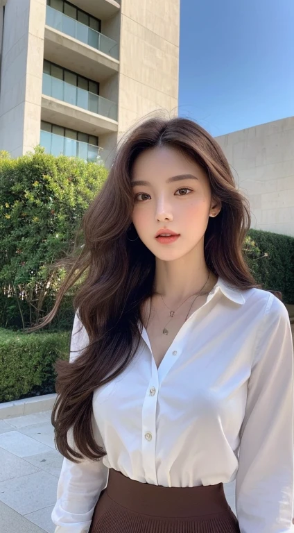 (Best quality, High resolution, Masterpiece :1.3), A tall and pretty woman, Slender abs, Dark brown hair styled in loose waves, Breasts, White button up shirt, Black pleated skirt, (Modern architecture in background), Details exquisitely rendered in the face and skin texture, Detailed eyes, Double eyelid