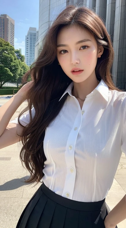 (Best quality, High resolution, Masterpiece :1.3), A tall and pretty woman, Slender abs, Dark brown hair styled in loose waves, Breasts, White button up shirt, Black pleated skirt, (Modern architecture in background), Details exquisitely rendered in the face and skin texture, Detailed eyes, Double eyelid