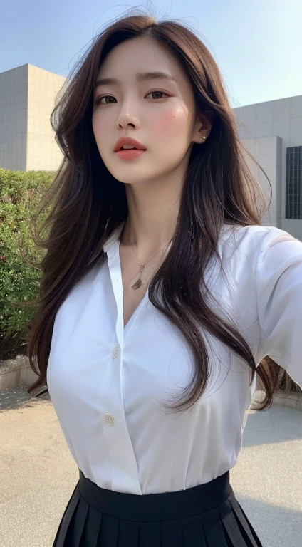 (Best quality, High resolution, Masterpiece :1.3), A tall and pretty woman, Slender abs, Dark brown hair styled in loose waves, Breasts, White button up shirt, Black pleated skirt, (Modern architecture in background), Details exquisitely rendered in the face and skin texture, Detailed eyes, Double eyelid