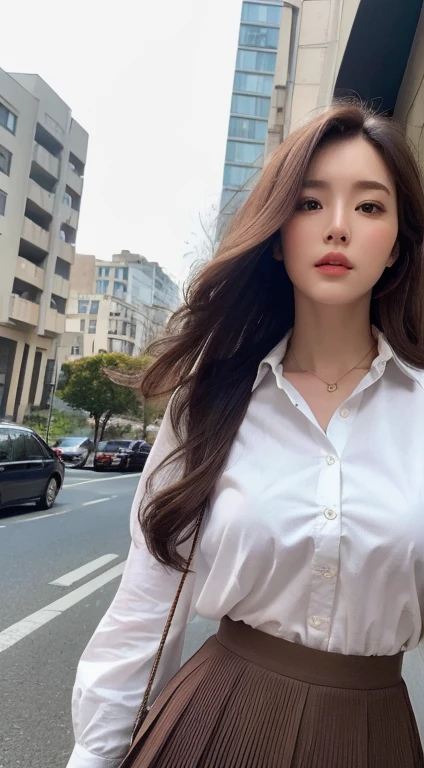 (Best quality, High resolution, Masterpiece :1.3), A tall and pretty woman, Slender abs, Dark brown hair styled in loose waves, Breasts, White button up shirt, Black pleated skirt, (Modern architecture in background), Details exquisitely rendered in the face and skin texture, Detailed eyes, Double eyelid