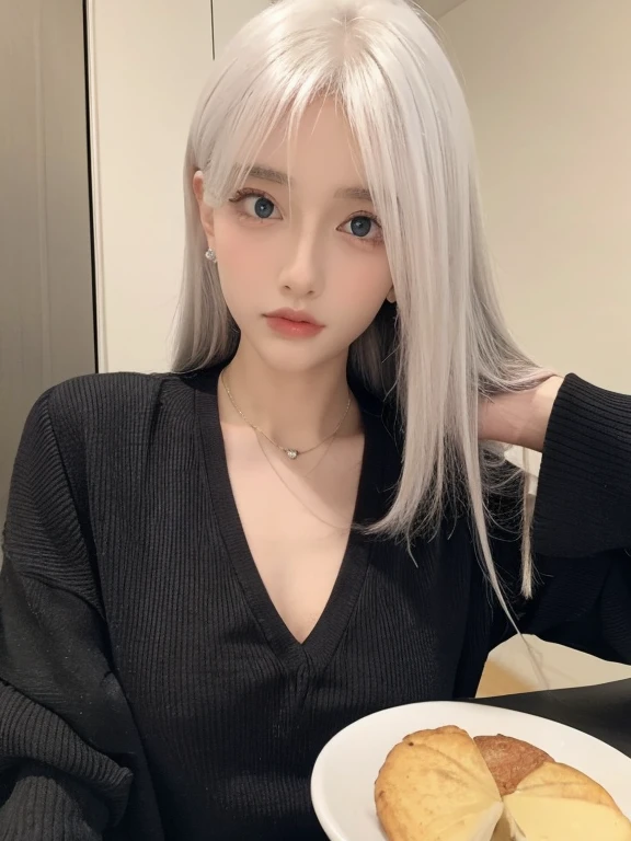 Be a girl with pink skin, beautiful eyes (red eyes) as deep as the night sky, Half sad face lying on the table, white hair, looking at you, With anime/Semi-realistic art style