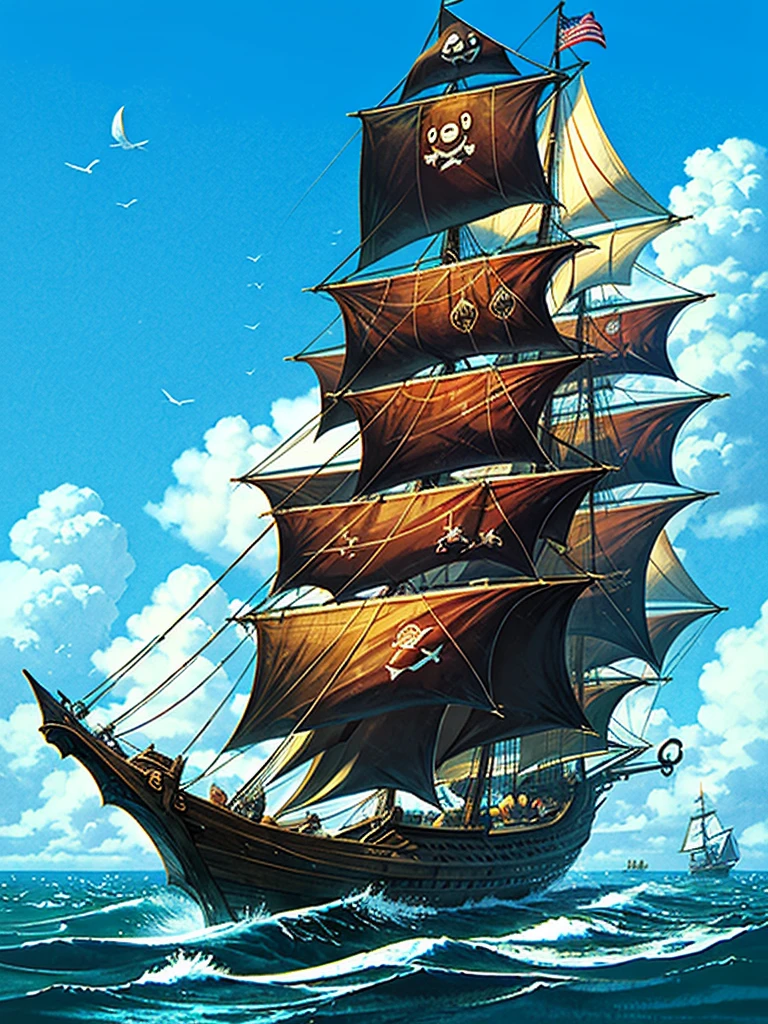 （（（masterpiece、Highest image quality、highest quality、highly detailed unity 8ｋwallpaper）））、（（fantasy、pirate ship、blue sail））、（brig、Wooden sailing ship）、港に停泊するpirate ship