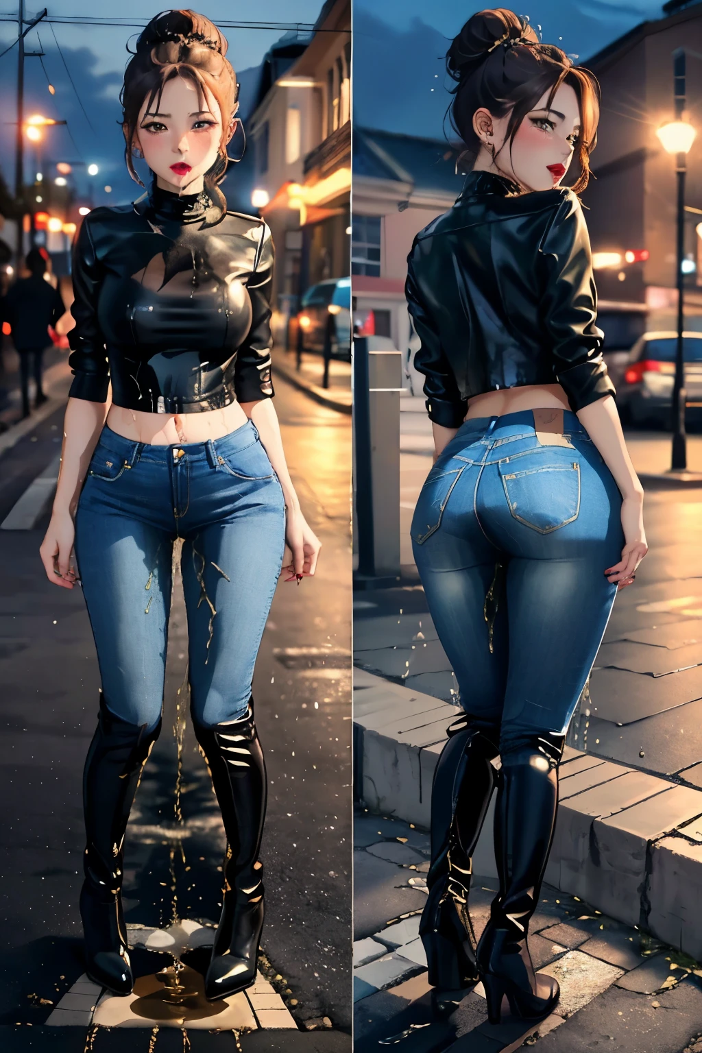highres, beautiful women, high detail, good lighting, lewd, hentai, (no nudity), (((jeans))), ((tight leather top)), (((leather thigh high boots))), bare midriff, ((wet crotch)), (((peeing herself))), (((wetting herself))), ((((peeing self))), (pee streaming down legs), peeing stain, (puddle), (thick thighs), nice long legs, lipstick, detailed face, pretty face, hair tied up, embarrassed blushing face, humiliated, ((on sidewalk at night)), hihelz, (view of butt)