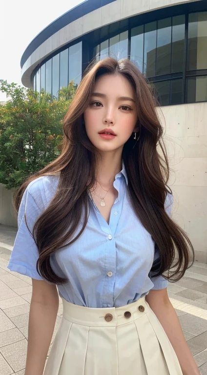 (Best quality, High resolution, Masterpiece :1.3), A tall and pretty woman, Slender abs, Dark brown hair styled in loose waves, Breasts, White button up shirt, Black pleated skirt, (Modern architecture in background), Details exquisitely rendered in the face and skin texture, Detailed eyes, Double eyelid