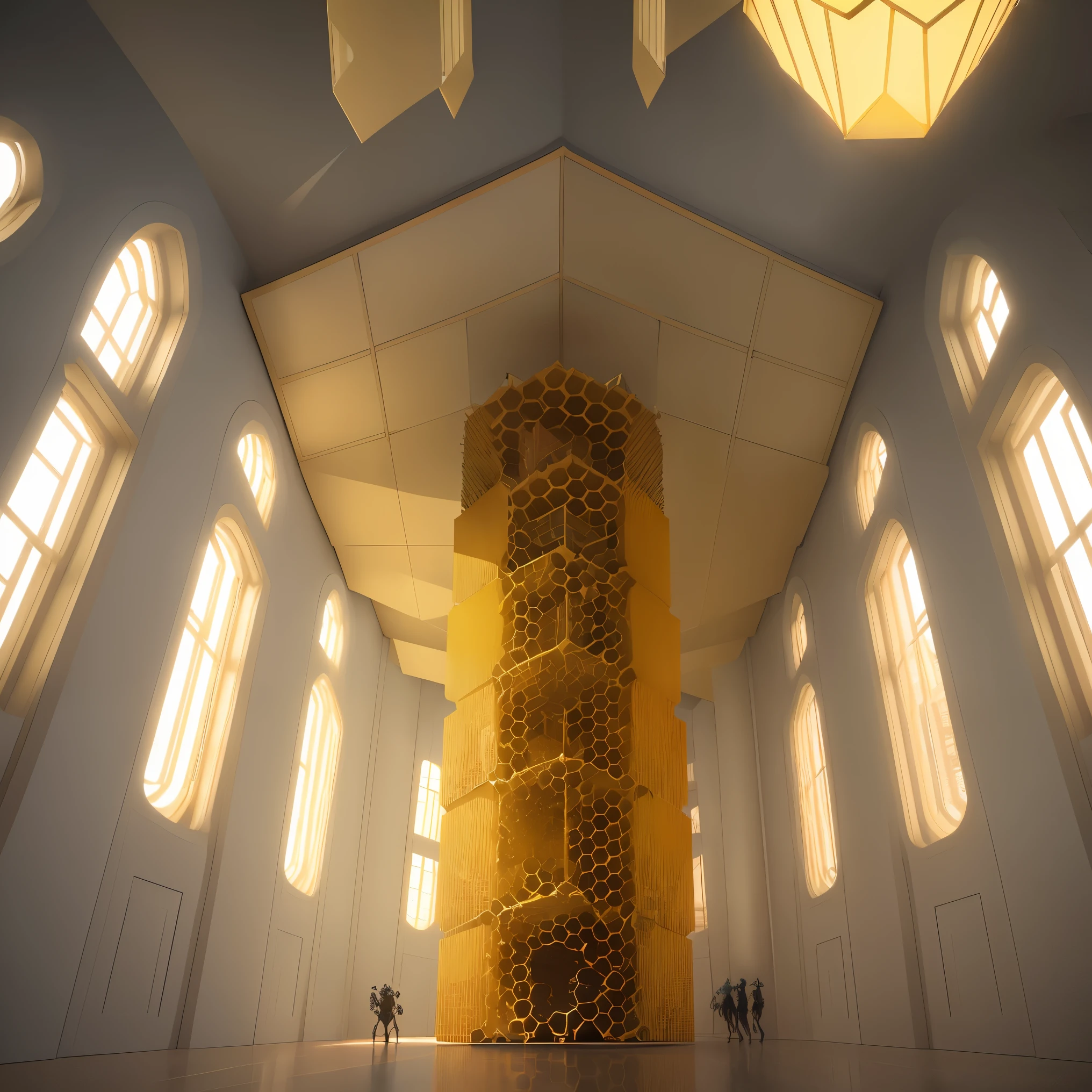 (Fantasyism,Honeycomb_architecture:1.2),The hive presents a symmetrical aesthetic of geometric shapes, cleverly organizing many small hexagonal hives into a whole,large-scale building, Art Deco, light yellow, harmonious environment, (Aesthetics, Art, Symmetry:1.2),functional aesthetics, minimalist