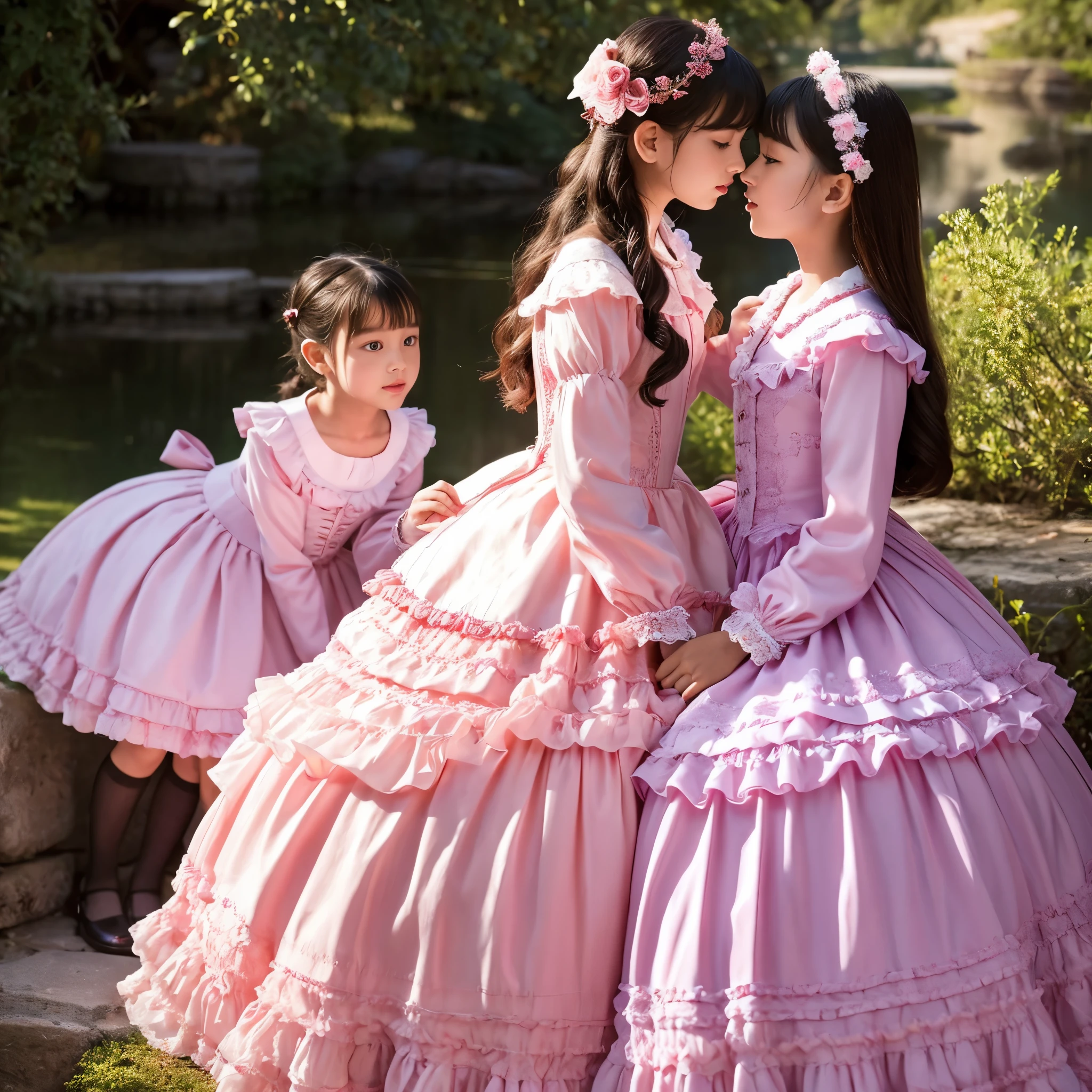 highest quality, masterpiece, highest resolution, artwork, super get used to it, many become familiar with, become familiar with, get used to it, woman, 10 years old,the two girls are princesses,pink victorian dress,long sleeve,long dress,A dress with lots of frills and ribbons.,luxury,Two kiss,high quality dresses,贅沢な寝室の中,豪華な天蓋付きベッド,