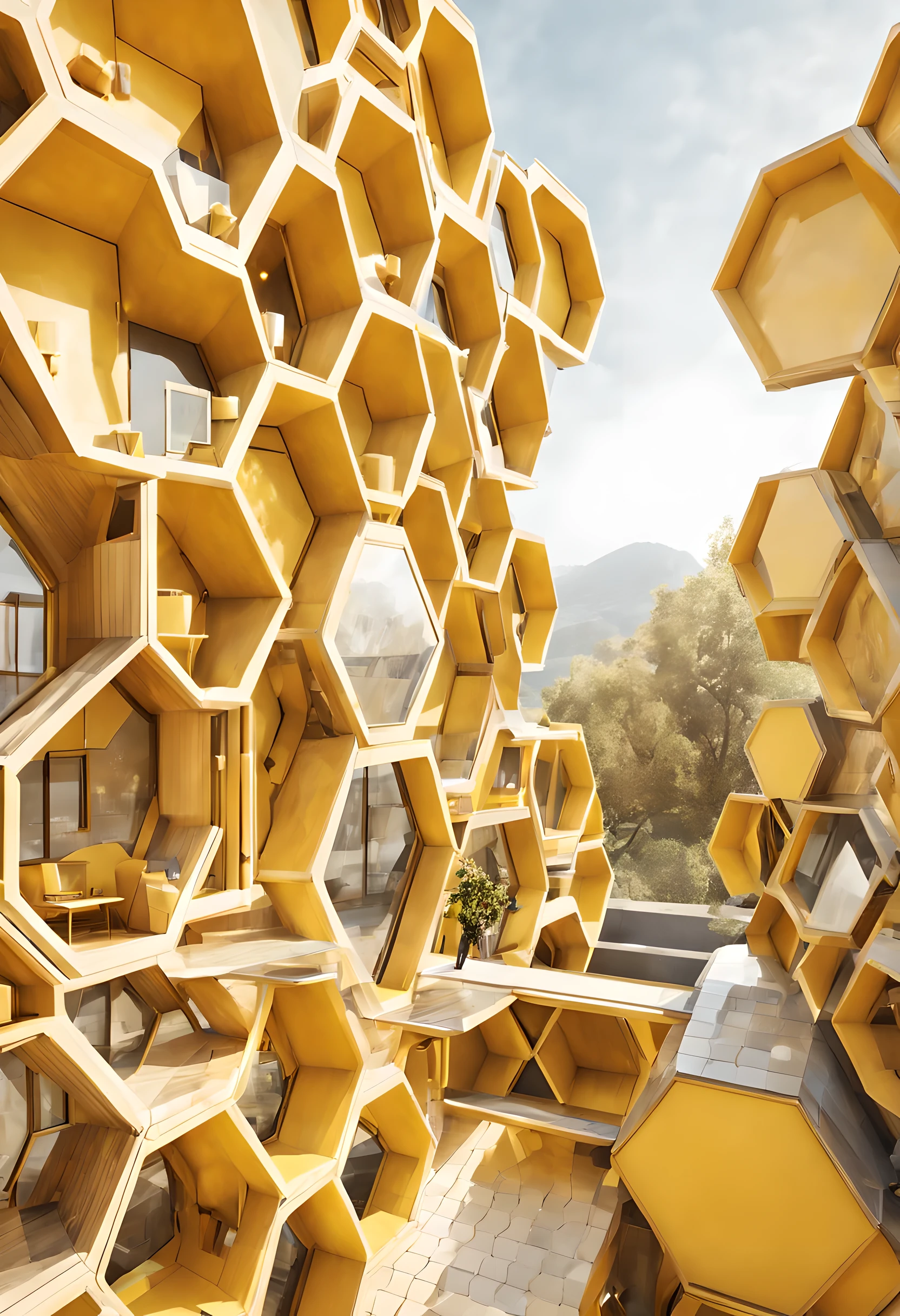 (Fantasticism,honeycomb_architecture:1.2),蜂巢呈现出几何形状的symmetry美感, Cleverly organize many small hexagonal honeycombs into a whole,big buildings, Art Deco, Light yellow, Harmonious environment, (aesthetics, Art, symmetry:1.2),功能aesthetics, minimalist