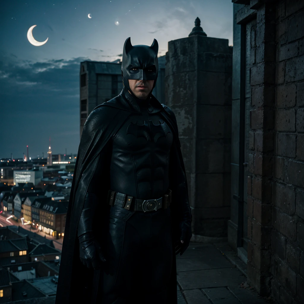 Nicolas Cage is Batman, standing full length, the background is the city of Gothenburg at night. There is a large crescent moon.