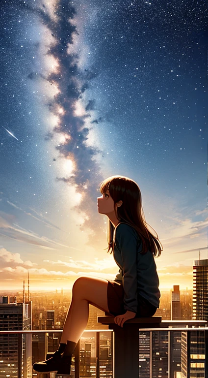 sky, star, landscape, starry sky, night, girl, night sky, solo, outdoor, signature, building, clouds, milky way, sitting, tree, long hair, city, silhouette, cityscape