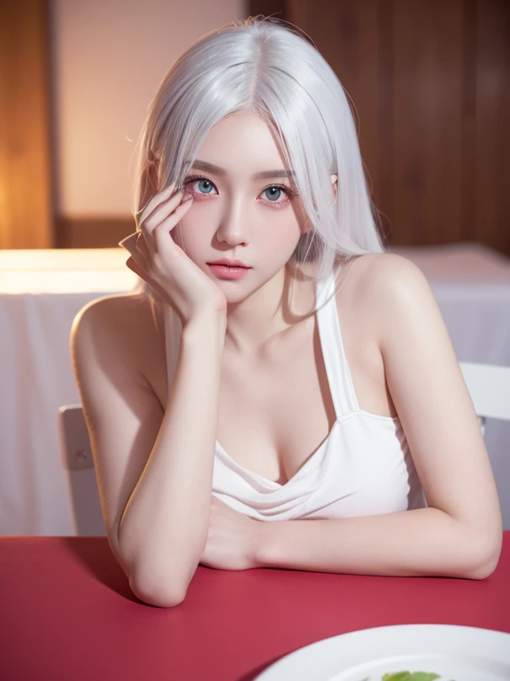 Close up of woman wearing white vest and skirt, pale milky white porcelain skin, smooth translucent white skin, seductive anime girls, Beautiful and seductive anime girl, ultrarealistic sweet bunny girl, Pale porcelain white skin, Smooth and realistic perfect body, anime girls , realistic shadows perfect body, guweiz masterpiece