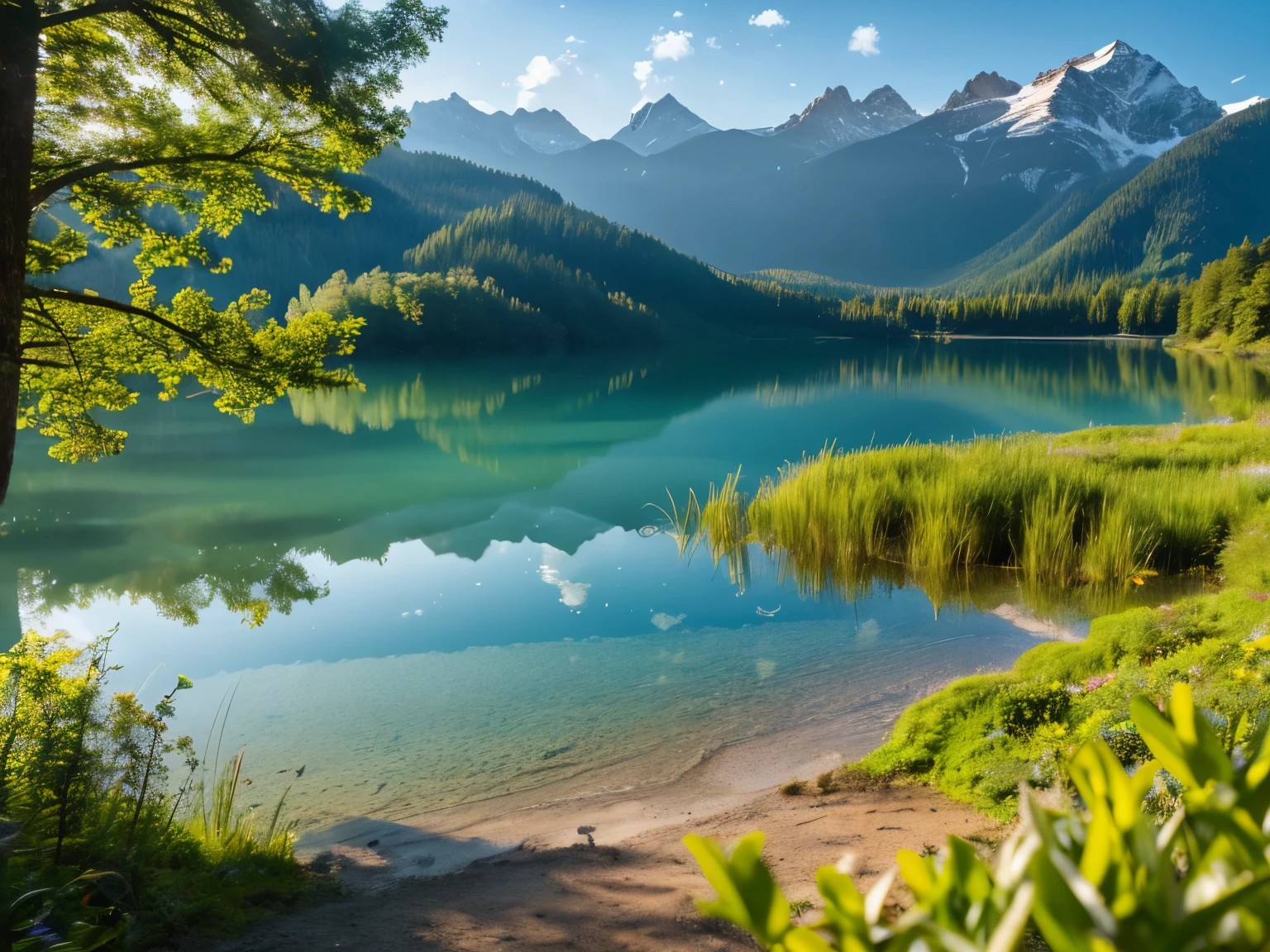 (best quality, ultra-high resolution, real, photorealistic:1.2, 8K), BREAK, detailed scenery, beautiful lake, surrounded by a forest, from angle, daytime