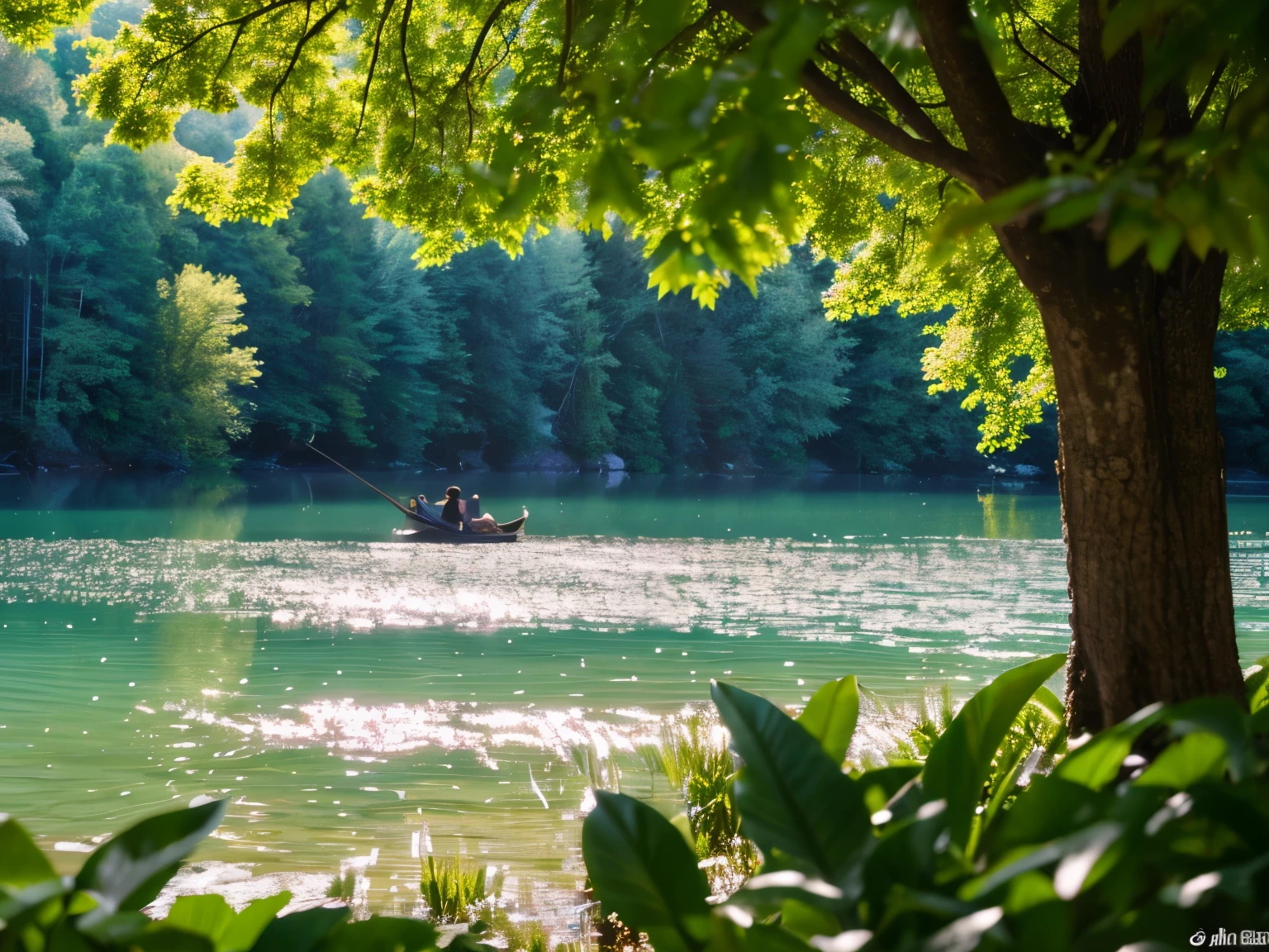 (best quality, ultra-high resolution, real, photorealistic:1.2, 8K), BREAK, detailed scenery, beautiful lake, surrounded by a forest, from angle, daytime