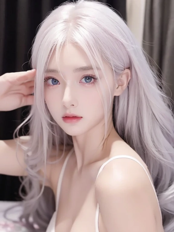 Be a girl with pink skin, beautiful eyes (red eyes) as deep as the night sky, Half sad face lying on the table, white hair, looking at you, With anime/Semi-realistic art style