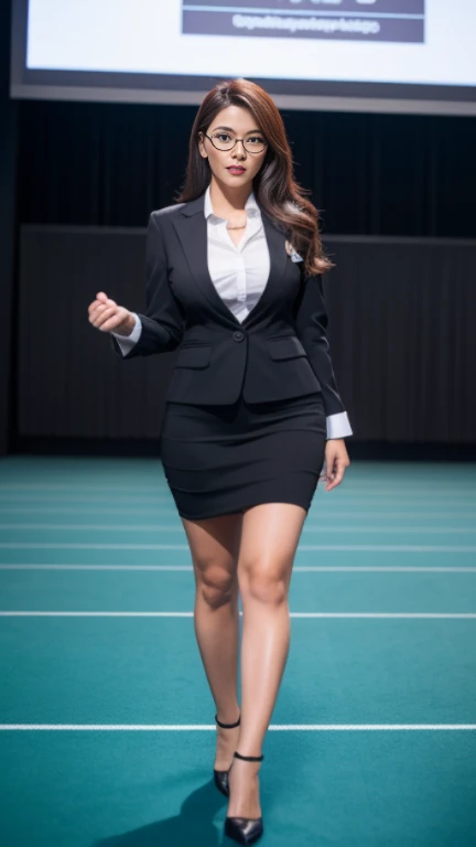 (8K,best qualtiy,tmasterpiece:1,2),(realisticlying,realisticlying:1,37),top Quority,tmasterpiece,a beautiful woman,Sexy teacher,Sexy female teacher,Tight and sexy overalls,short skirt,Huge chest,Attractive curves,Large buttocks,wears glasses,((angry look)),Background in business conference hall,
