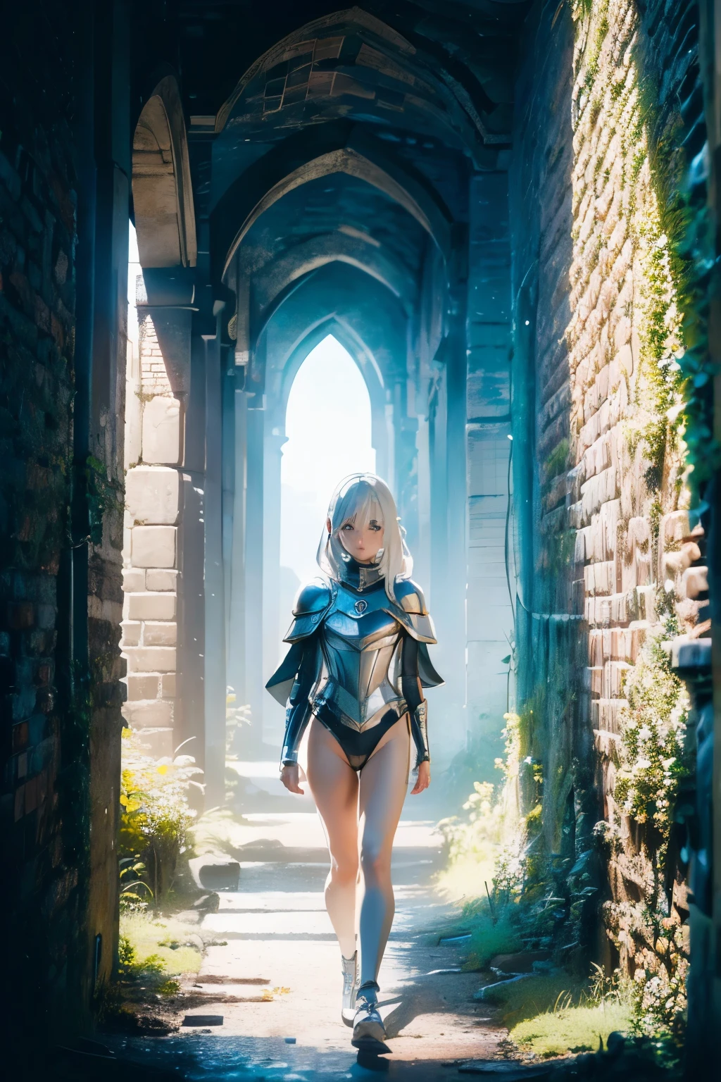 (((masterpiece))), (((best quality))), ((ultra-detailed)), (cinematic lighting), (illustration), (beautiful detailed eyes), (1girl), full body, space, knight, armour, light hair, walking, castle, best quality, expressive eyes, perfect face, Girl: (20s, white hair, short hair, jumpsuit, blue and silver armour),