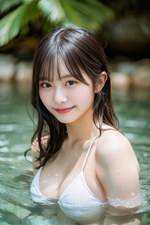highest quality, High resolution, ultra High resolution, (Photoreal: 1.4), 20-year-old, japanese women, looking at camera, cute round face, smile, bikini, (super big breasts), Wet, black hair, float in the water, My underwear sticks out a little, tropical beach