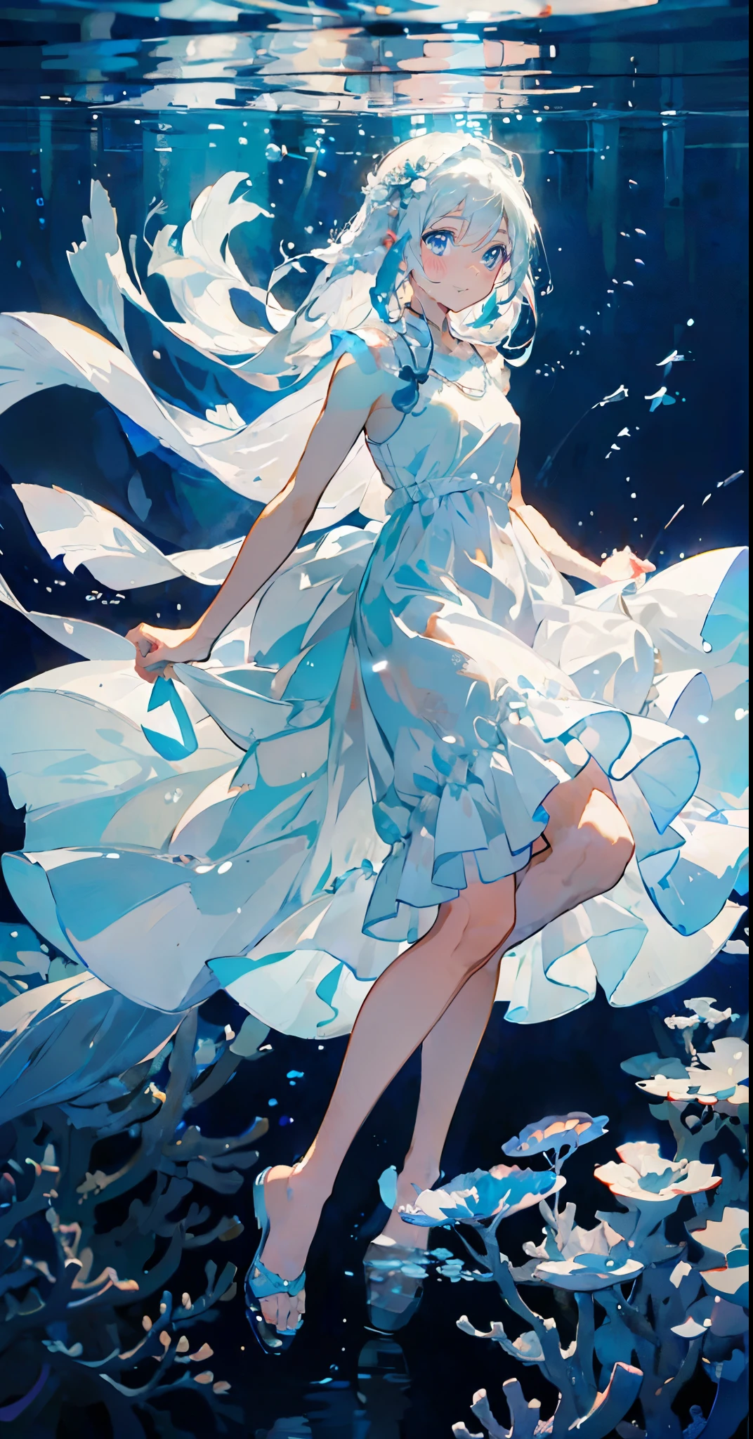 (muste piece), (best quality), very detailed, 1 girl, perfect face, (solo full body shot:1.3), very detailed顔,(white long hair:1.5),(blue eyes:1.4),(in water:1.4),(white dress:1.5),Ocean,coral reef,School of small fish,Light,bubble,jellyfish,Ocean藻,(深Ocean:1.4),fantasy,Ocean底,float,(smile:1.3)