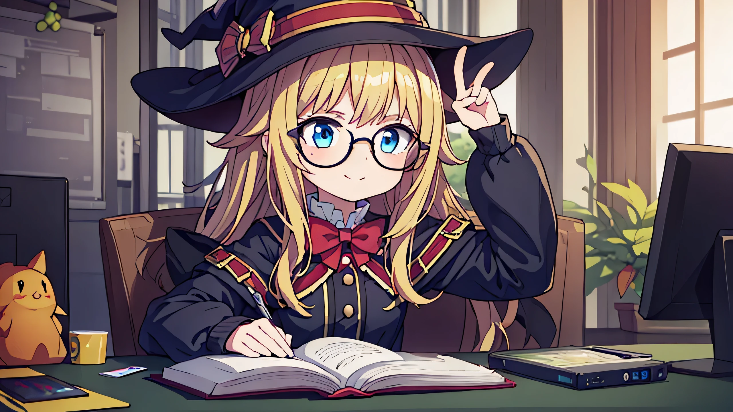 Young anime girl, long blonde hair, blue eyes, nerd, round glasses, witch outfit, Very happy, One hand on top of head making gesture, Peace, V, hand with 5 fingers posters, computer, gaming PC, video game controller, Mech Robot Toy