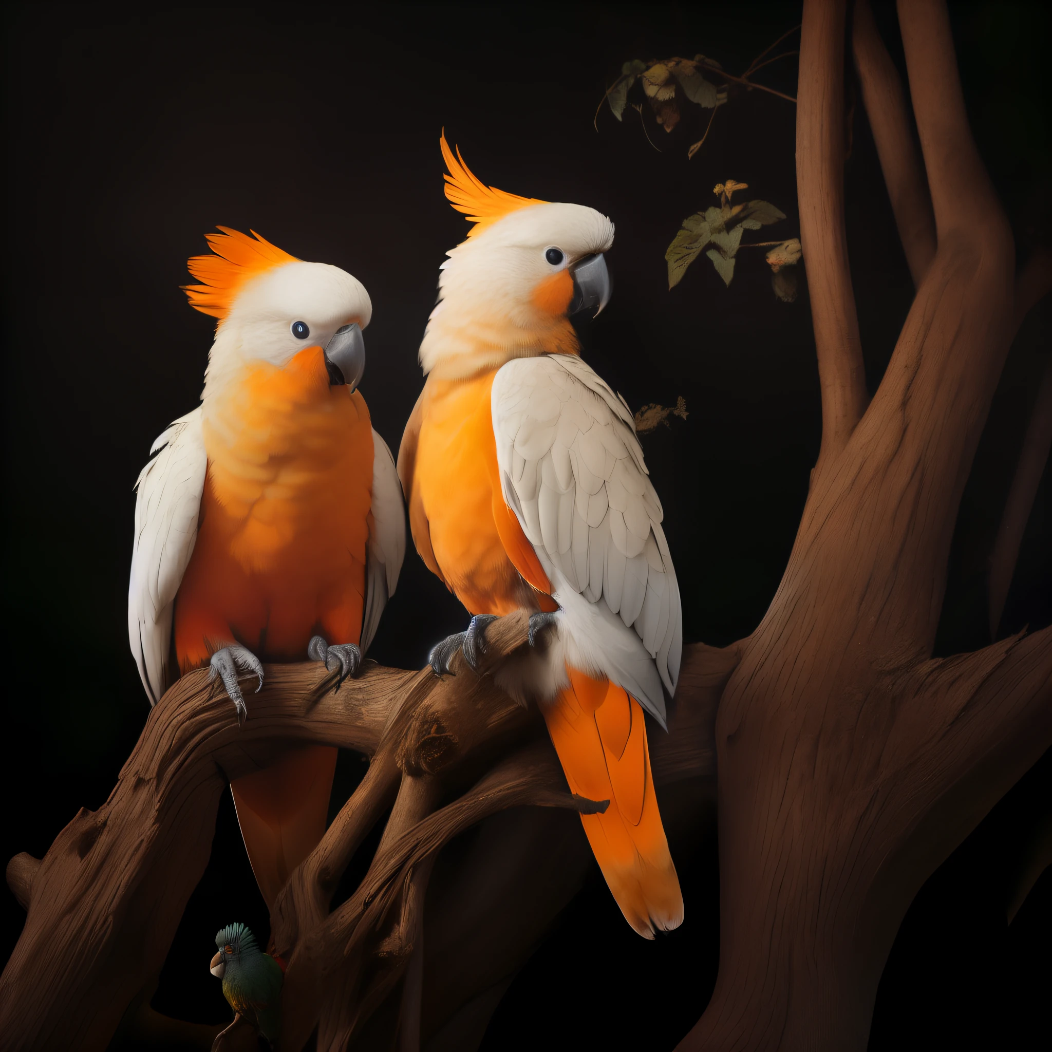 There are two birds sitting on the branches, Highly realistic photosgraph, Highly realistic photosgraphy, Exotic realistic prints, Highly realistic photos, Award-winning photography, Award-winning surrealism, amazing color photograph, parrots, Award-winning color photo, dark black background, Award-winning color photo, portrait shooting, author：Dietmar Damelao