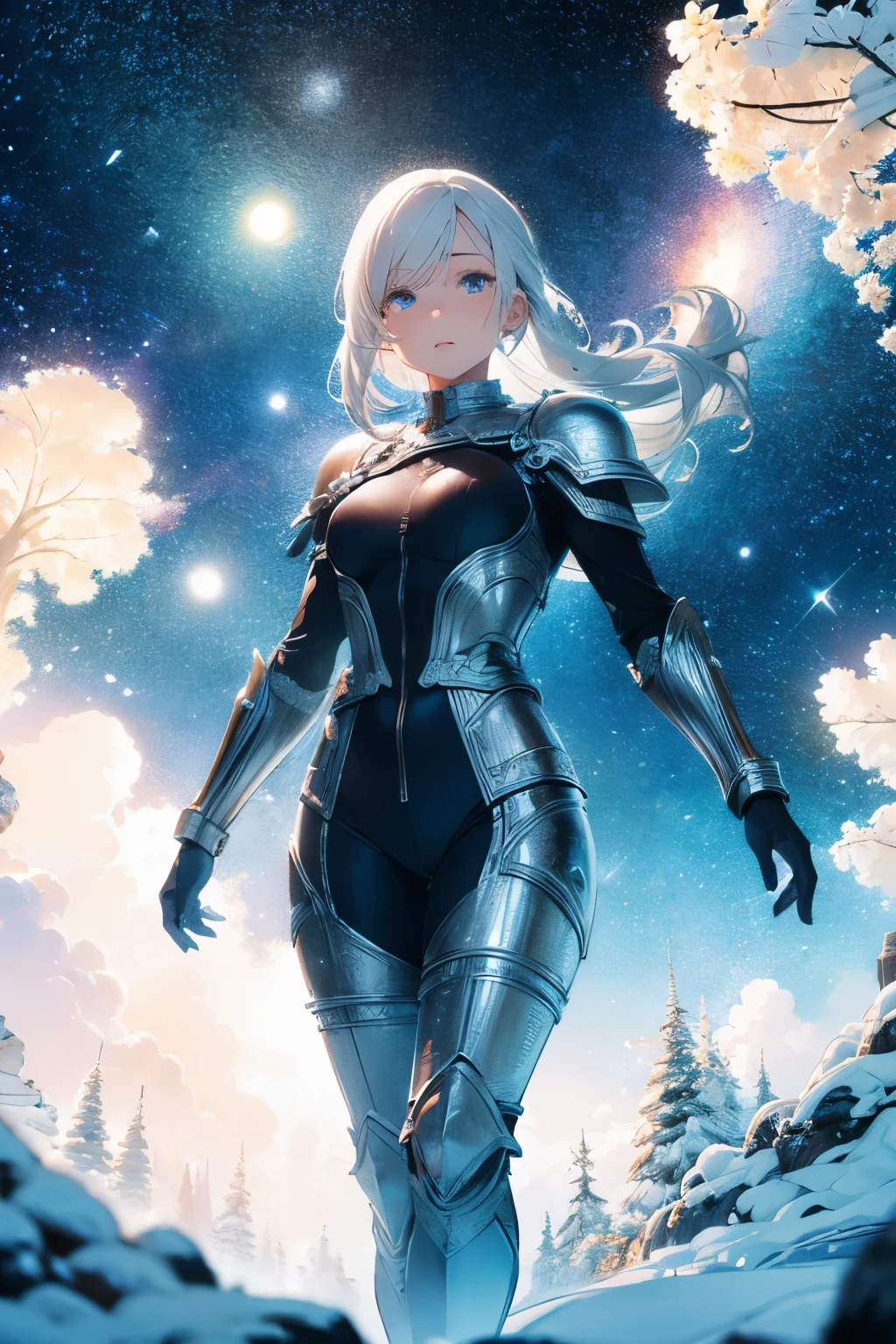 (((masterpiece))), (((best quality))), ((ultra-detailed)), (cinematic lighting), (illustration), (beautiful detailed eyes), (1girl), full body, space, knight, armour, light hair, walking, castle, best quality, expressive eyes, perfect face, Girl: (20s, white hair, short hair, jumpsuit, blue and silver armour),