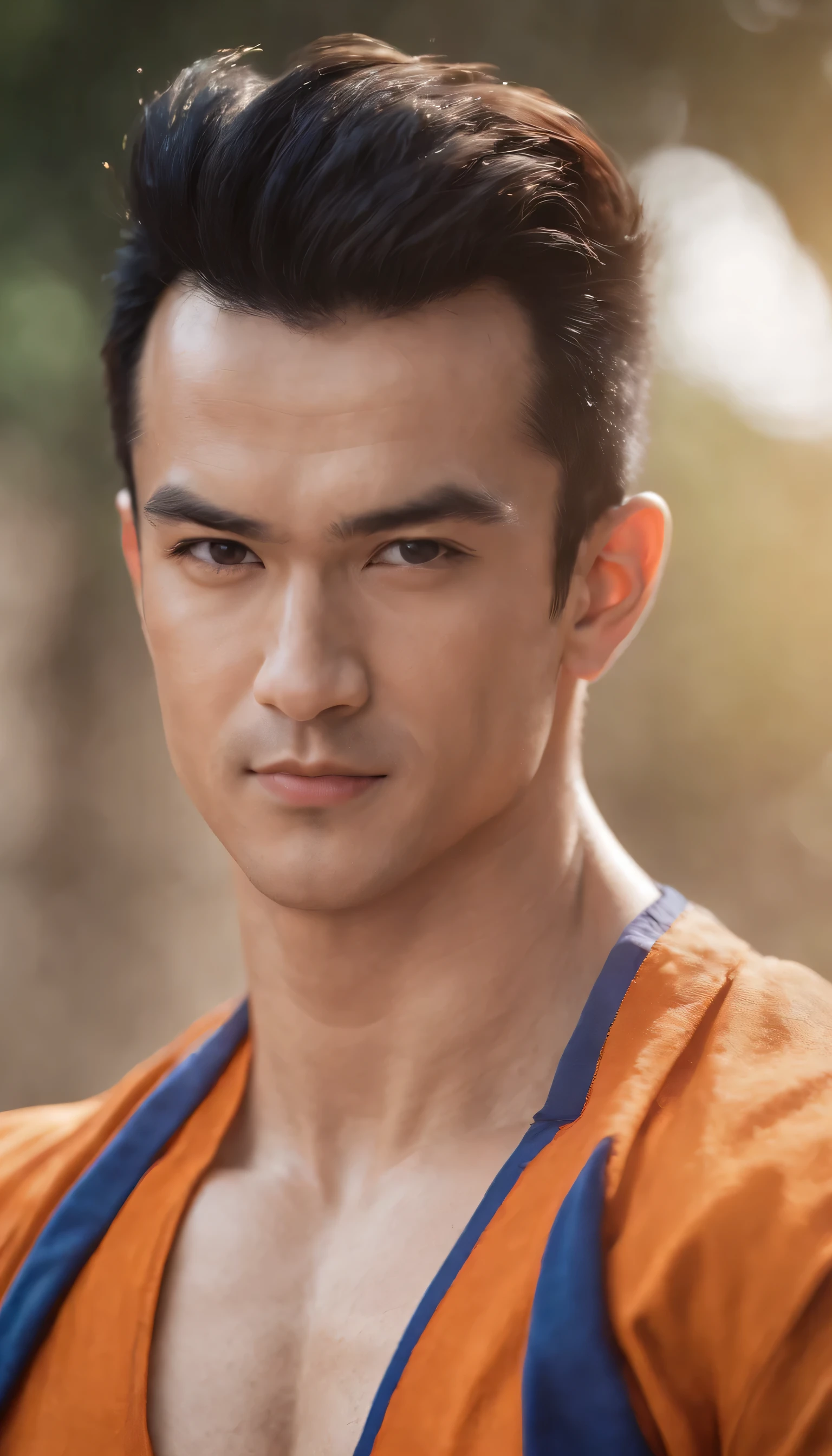 (Gohan)),masterpiece, (((realistic, 8k, best quality))),realistic, brazilian male, smile, gi, orange gi, dark blue short-sleeved undershirt,grin,8k