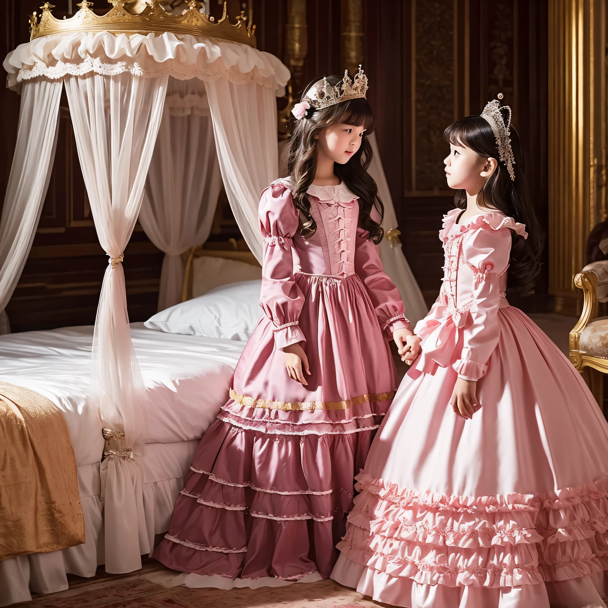 highest quality, masterpiece, highest resolution, artwork, super get used to it, many become familiar with, become familiar with, get used to it, woman, ,the two girls are princesses,pink victorian dress,long sleeve,long dress,A dress with lots of frills and ribbons.,luxury,Two kiss,high quality dresses,In a luxurious bedroom, a luxurious canopy princess bed,