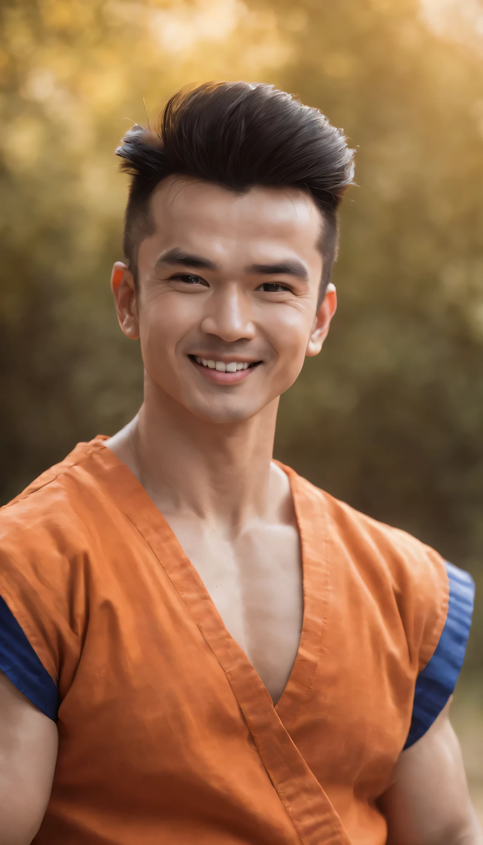 (Gohan)),masterpiece, (((realistic, 8k, best quality))),realistic, brazilian male, smile, gi, orange gi, dark blue short-sleeved undershirt,grin,8k