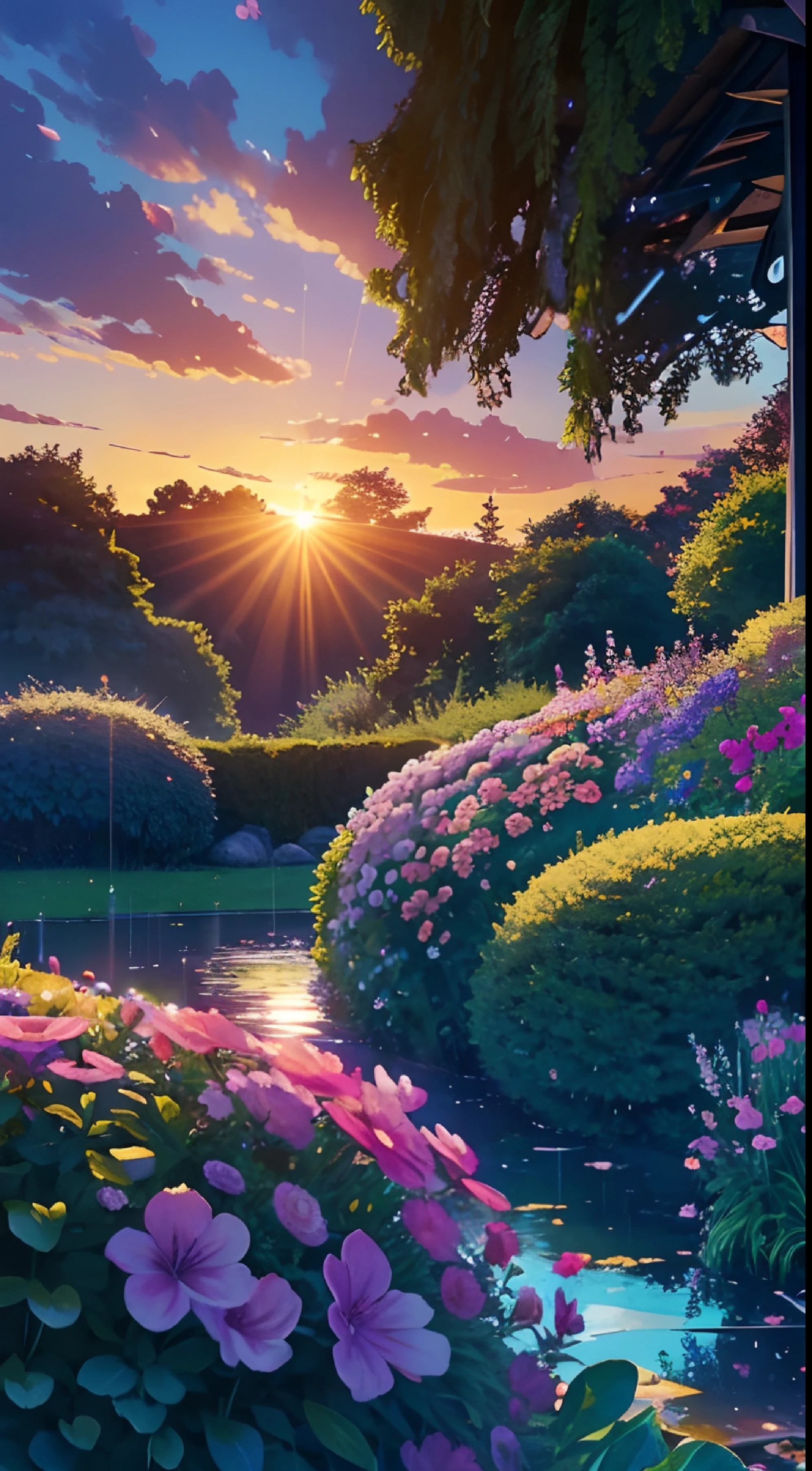 (masterpiece), beautiful  garden, sunset, The Garden of Words, gorgeous, nature, purple flowers, after rain, grass, beautiful sky, gogeous clouds, 4k, smilling, happy,happyness, soft, wallpaper,cute, hope, BREAK the image transmit a hopeful feeling, good vibes, happy atmosphere, beauty on the small details, a visual masterpiece, beautiful colors