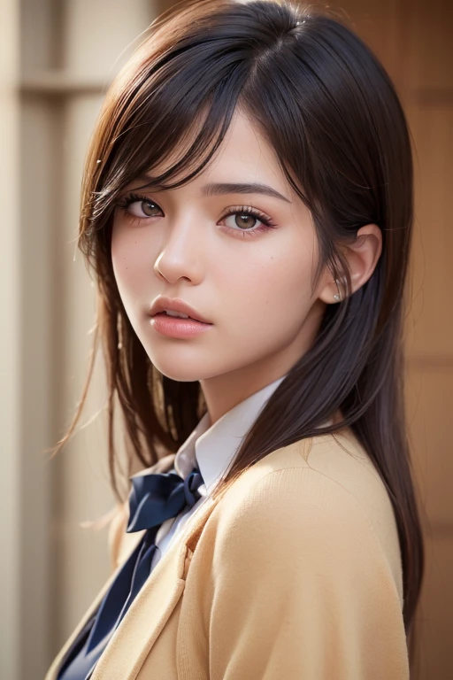 (best quality,8k,photorealistic,raw photos:1.4), Japanese, (1 girl), beautiful face, (realistic face), (black hair), beautiful hairstyle, realistic eyes, exquisitely detailed eyes, (realistic skin), beautiful skin, attractive, super high resolution, hyperrealistic, extremely detailed, golden ratio, school uniform, brown hair