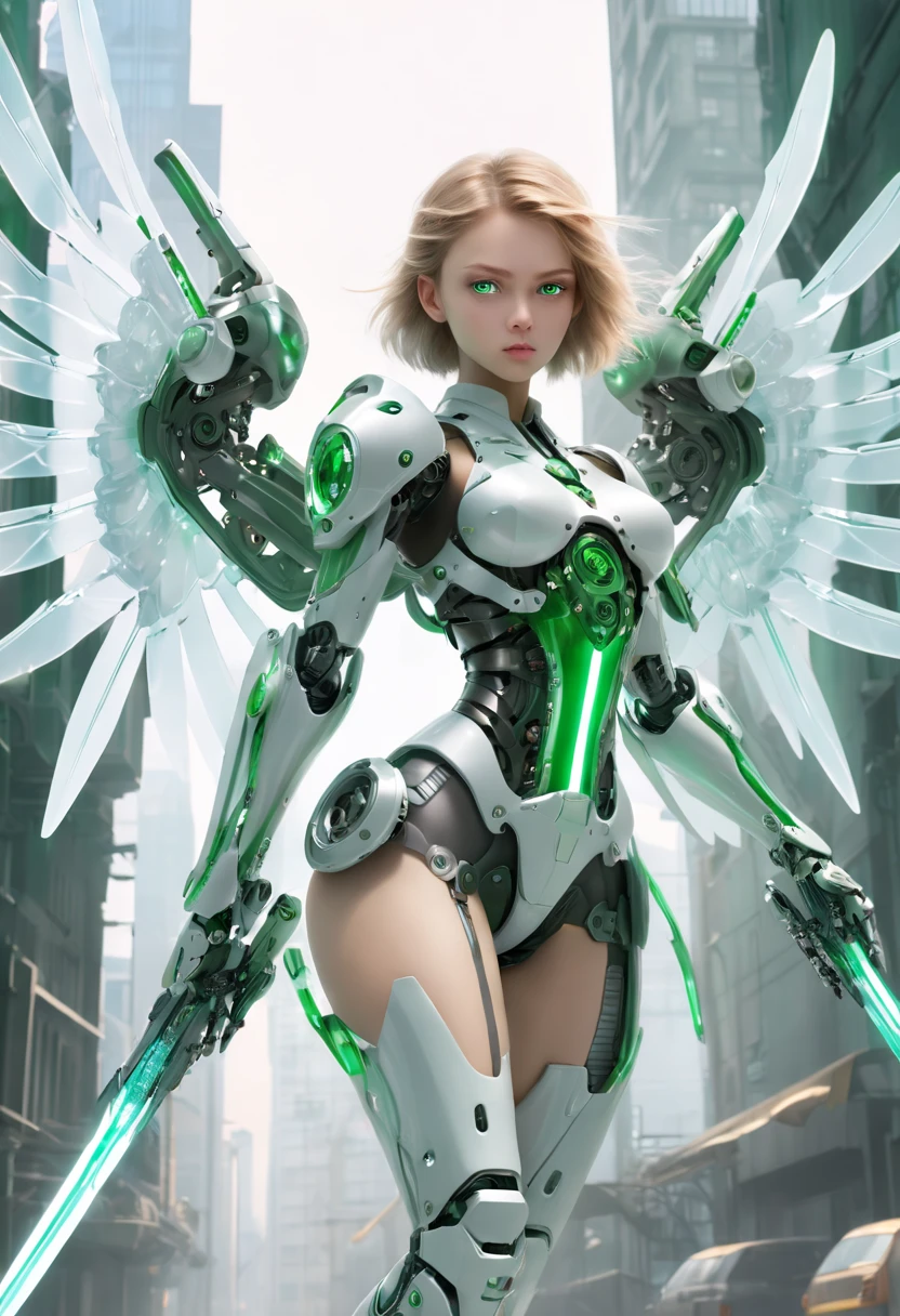 Battle angel girl, Mechanical wings, Ice sword, Flying, green eyes, Translucent ethereal mechanical girl，Futuristic girl，Mechanical joints，mecha-girl，futuristic urban background
