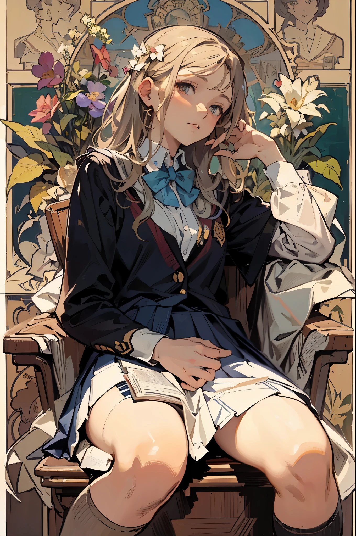 (masterpiece, best quality),
Ukiyo-e style,
(blonde hair),
solo,(plain school uniform:1.5),(plain uniform skirt:1.5),panties,
sitting,
(sots style),