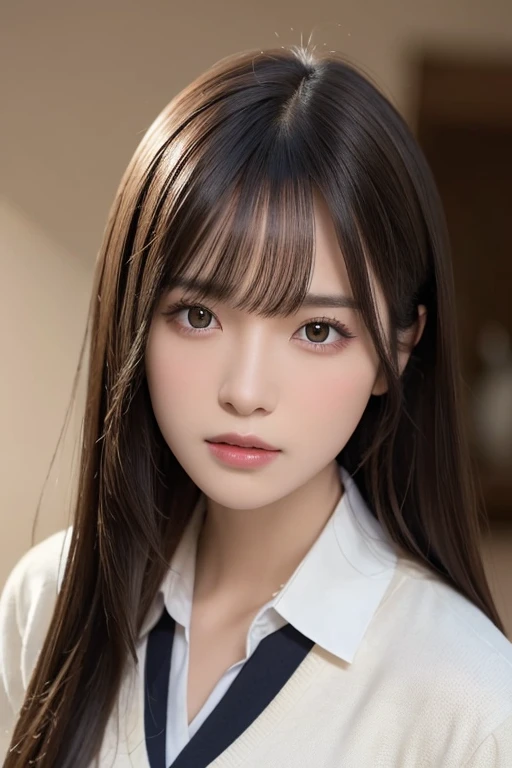 (best quality,8k,photorealistic,raw photos:1.4), Japanese, (1 girl), beautiful face, (realistic face), (black hair), beautiful hairstyle, realistic eyes, exquisitely detailed eyes, (realistic skin), beautiful skin, attractive, super high resolution, hyperrealistic, extremely detailed, golden ratio, school uniform, brown hair