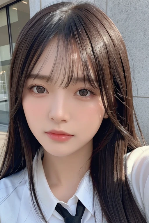 (best quality,8k,photorealistic,raw photos:1.4), Japanese, (1 girl), beautiful face, (realistic face), (black hair), beautiful hairstyle, realistic eyes, exquisitely detailed eyes, (realistic skin), beautiful skin, attractive, super high resolution, hyperrealistic, extremely detailed, golden ratio, school uniform, brown hair