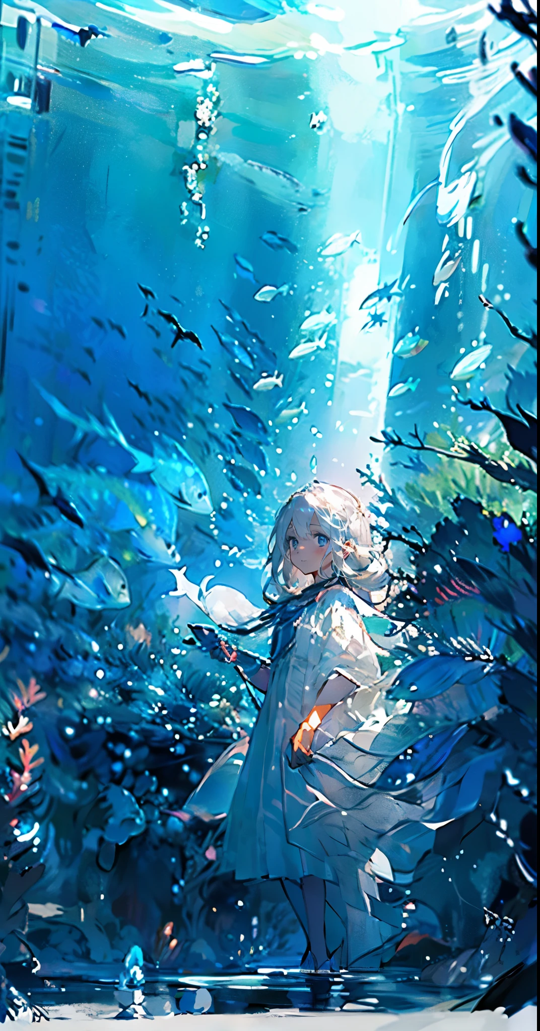 (muste piece), (best quality), very detailed, 1 girl, perfect face, (solo full body shot:1.3), very detailed顔，(white long hair:1.5)，(blue eyes:1.4)，(in water:1.4)，(white dress:1.5)，Ocean，coral reef，School of small fish，Light，bubble，jellyfish，Ocean藻，(深Ocean:1.4)，fantasy，Ocean底，float，(smile:1.3)