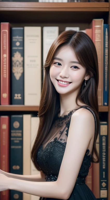 ((Best quality, 8k, Masterpiece :1.3)), 1girl, Heather Kim smiling, full body, slim face, Pretty woman, (Dark brown hair), full length dress :1.1, Ultra-detailed face, Detailed eyes, Double eyelid, blur background, slim face, in library
