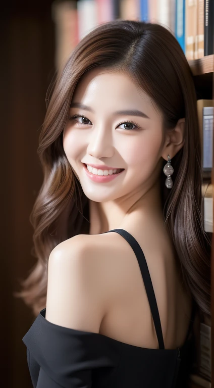 ((Best quality, 8k, Masterpiece :1.3)), 1girl, Heather Kim smiling, full body, slim face, Pretty woman, (Dark brown hair), full length dress :1.1, Ultra-detailed face, Detailed eyes, Double eyelid, blur background, slim face, in library