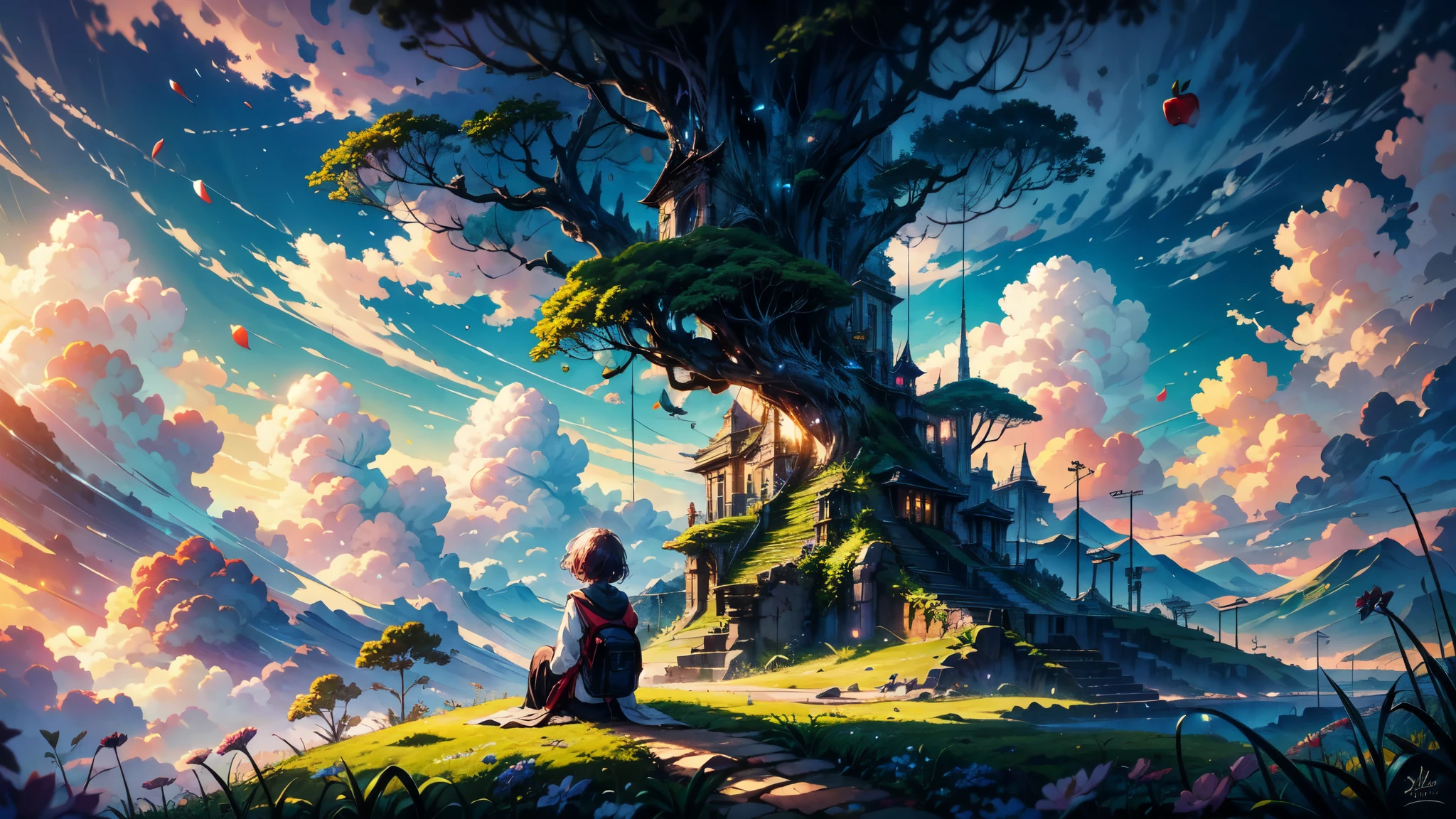shinkai Mokoto and Ghibli anime style, from behind,above the cloud,a girl in adventure outfit sitting on a mossy stage looking at the majestic lost city and the giant world tree next to it, lost city above the cloud and towering sky, magical glowing partical, vibrant dreamy colorful sky and fluffy clouds, books, apple, glasses, calm,petal,wind blowing hair,sun shine
