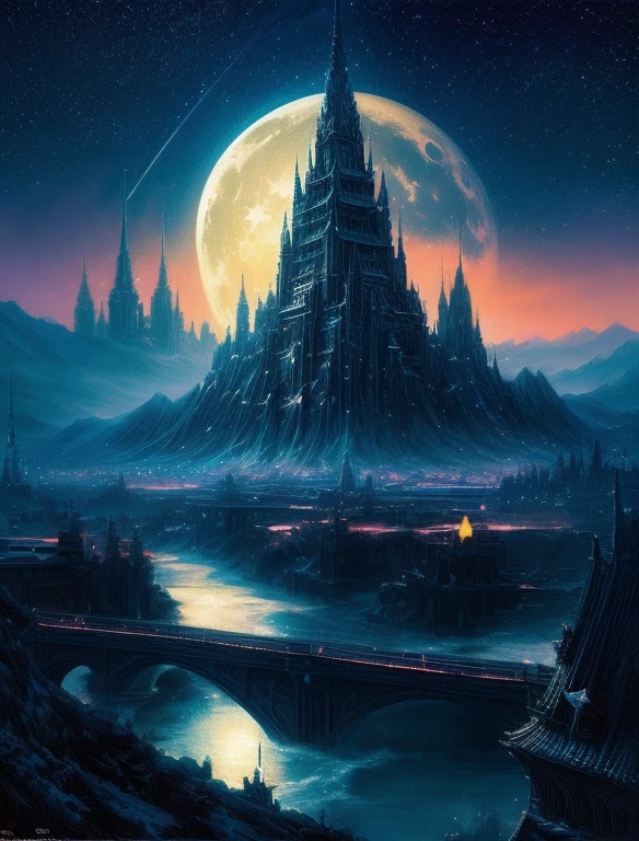 the met、Painting of a river with stars and moon in the sky、the met、Shining skyscrapers、Shine across the board、Skyscrapers、Concept art inspired by Mitsuoki Tosa、pixiv contest winners、top-quality、Fantasyart、beautiful anime scene、Bright moon、Moonlit star environment、Dream painting、Anime Background Art、Fantasy landscape art、fantasy knight、anime backgrounds、background artwork、Fantastic art、atmospheric anime、starrysky、Detail has been enhanced。