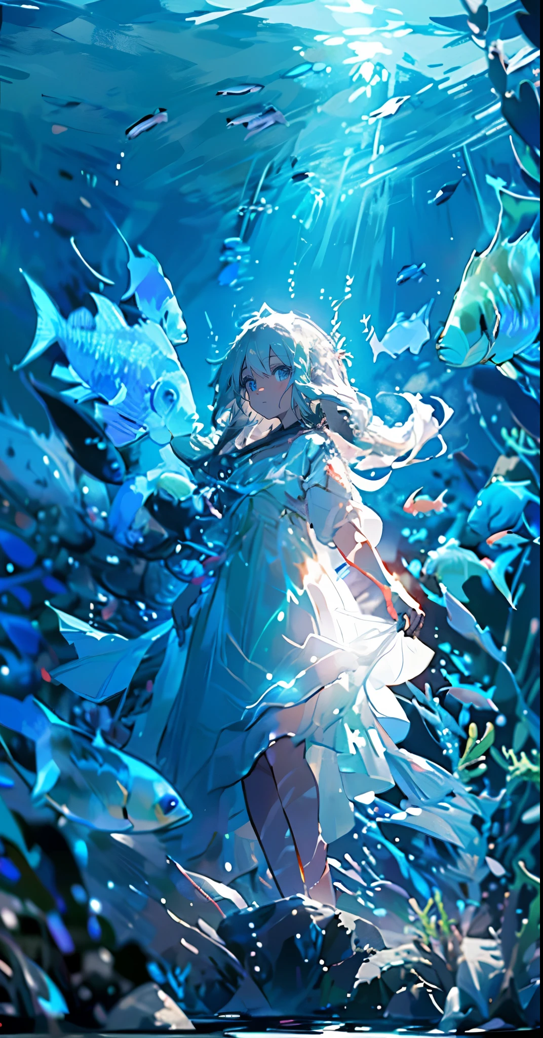 (muste piece), (best quality), very detailed, 1 girl, perfect face, (solo full body shot:1.3), very detailed顔，(white long hair:1.5)，(blue eyes:1.4)，(in water:1.4)，(white dress:1.5)，Ocean，coral reef，School of small fish，Light，bubble，jellyfish，Ocean藻，(深Ocean:1.4)，fantasy，Ocean底，float