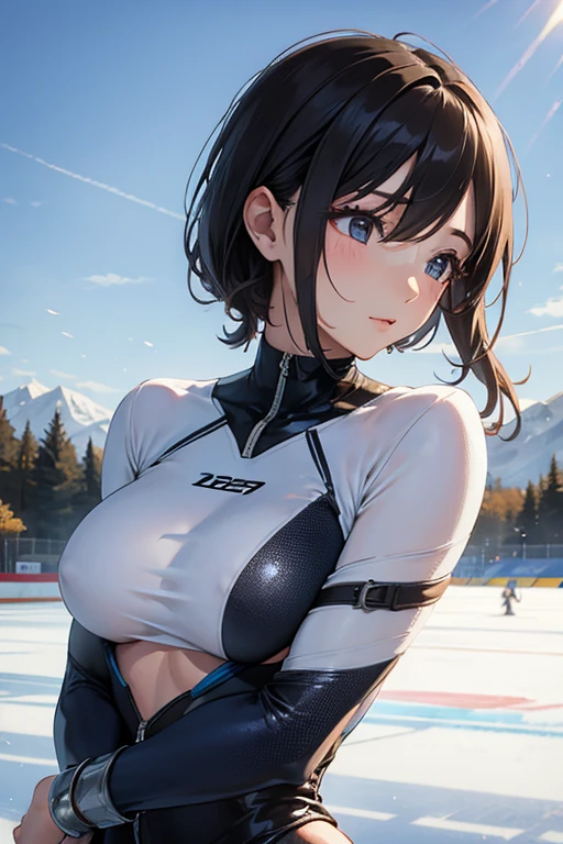 mastute piece,Best Quality,insanely detailed,8k cg,nsfw,
(shoot upper body:1.3),
(1girls:1.3),standing,looking at viewr,body in front,both arms behind back,(figure-skating-costume:1.3),(bare breasts:1.2),(bare nipples:1.2),
break,
blush,shy,(ecstasy face),(trembling:1.2),break,(light black hair:1.3),
break,
perfect breasts,perfect teats,(open mouth:0.9),(large breasts:1.2),
(skating-rink),