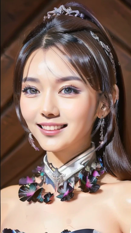 ((Best quality, 8k, Masterpiece :1.3)), 1girl, Heather Kim smiling, full body, slim face, Pretty woman, (Dark brown hair), full length dress :1.1, Ultra-detailed face, Detailed eyes, Double eyelid, blur background, slim face, in library