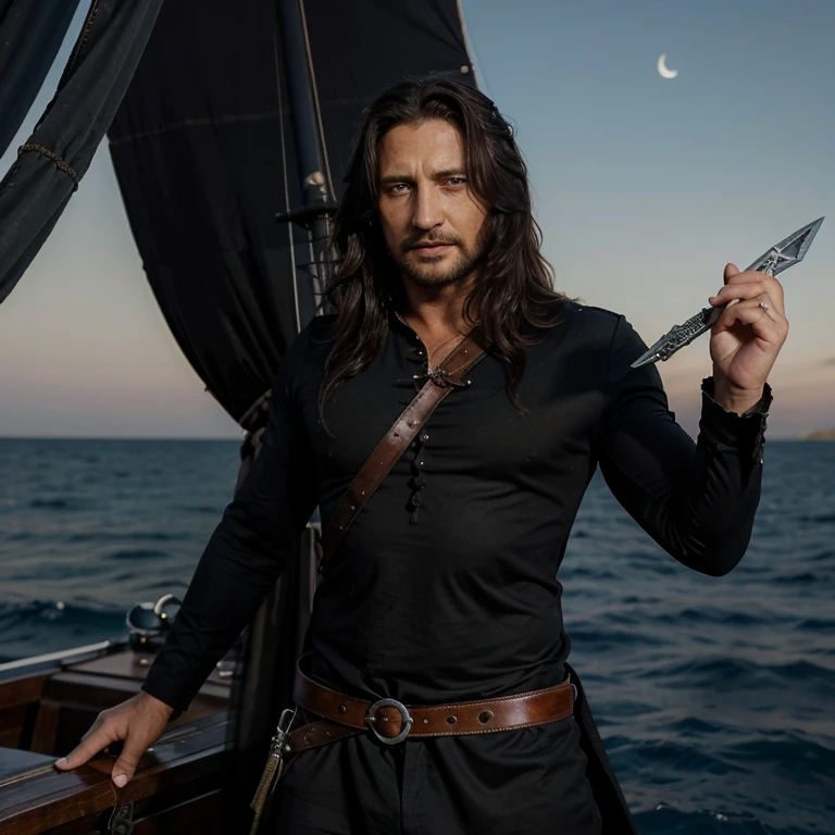 Gerard butler de ojos azules, cabello muy largo color negro ondulado, vestido como pirata, con una espada negra y la luna detras.