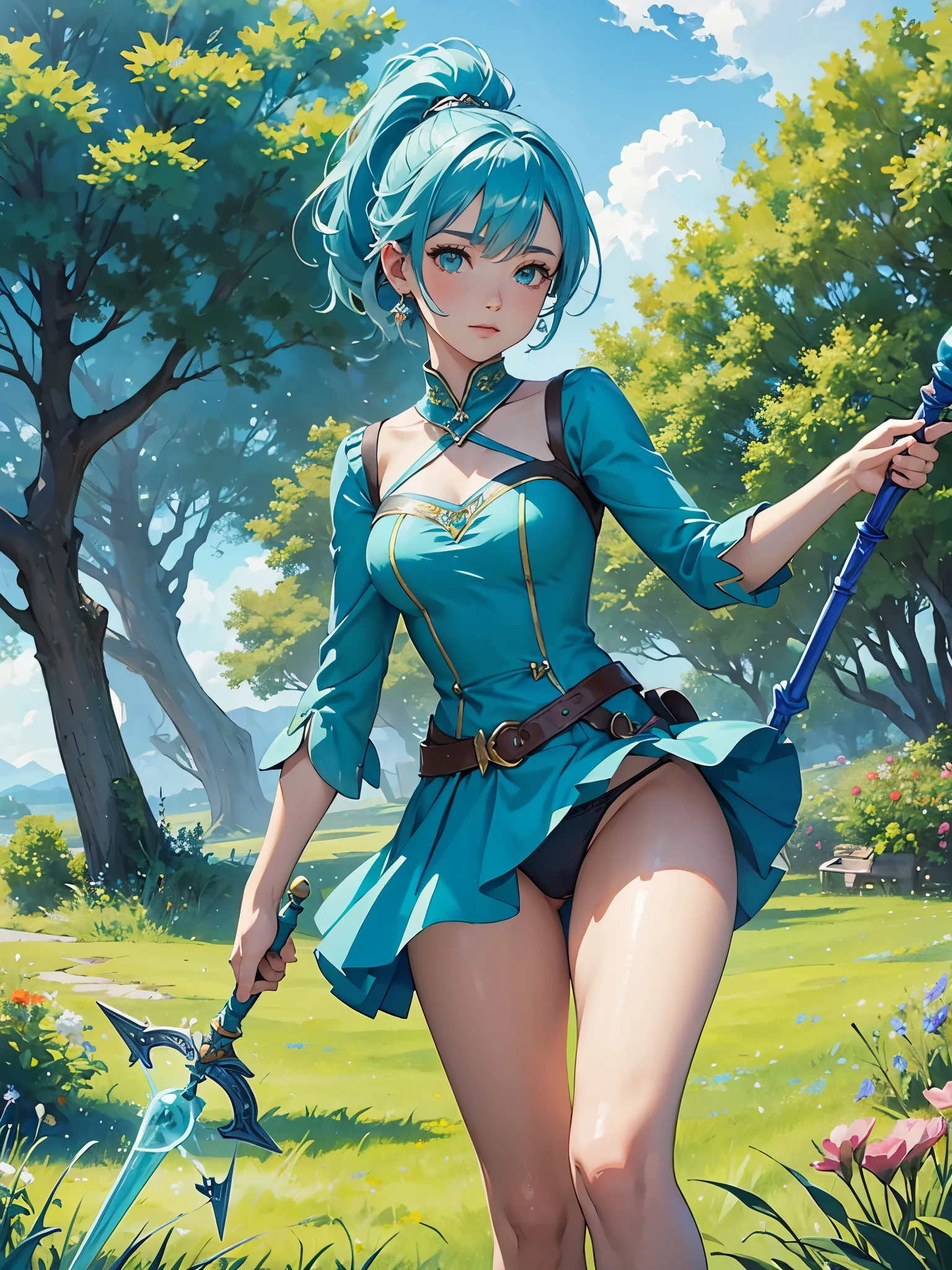 1 woman, micro mini dress, aqua, visible panties, (((magic staff))), short hairs, blue hairs , high ponytail, scenery, green fields, tree, flowers, looking at viewer