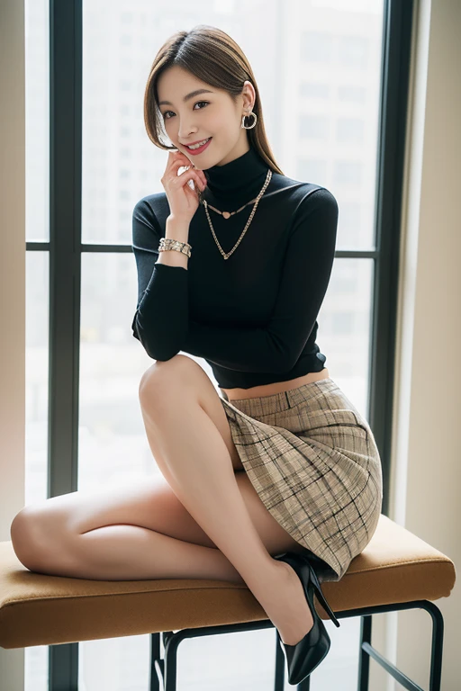 (best quality),((full body portrait)),((long thin legs))、delicate face, Pretty face,Slender,Beige turtleneck、Gray plaid skirt、(Flirtingly lifting her skirt to show her panties:1.5),black stockings、black high heels,Offices on high floors、There are large windows、Detailed background、adorable,smile,(((sitting pose))),Tiffany's Necklace、Ring-shaped earrings、Chain Bracelet