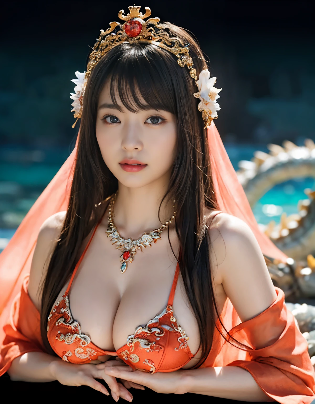 (heavy chest)、highest quality、masterpiece、Super high resolution、（Red Dragon Armor）、(((Metal製))),(((big breasts)))、(((detailed white micro bikini))),(wears a beautiful crown made of precious stones),(Photoreal:1.4)、RAW photo、1 girl、(((random hair))、(((take various poses)))、glowing skin、(((black chinese dragon)))、intricate and gorgeous hair ornaments、（Looks like a gorgeous jewelry necklace）、（Someone who looks at you with calm, goddess-like eyes.）happiness:1.2)、（metal bikini background)).((Beautiful coral and sea background))、sheer cliff、(ruins background)、((Super realistic details))、Portrait、global illumination、（sexy pose）、Shadow、octane rendering、8K、big breasts、Raw skin exposed in the cleavage、Metal、intricate decorative details、Japan details、very intricate details、realistic light、CG Society Trenlow Eyes、Eyes shining towards the camera、two stock、（veil）、(((heavy big))),Shining eyes shine、armpit、