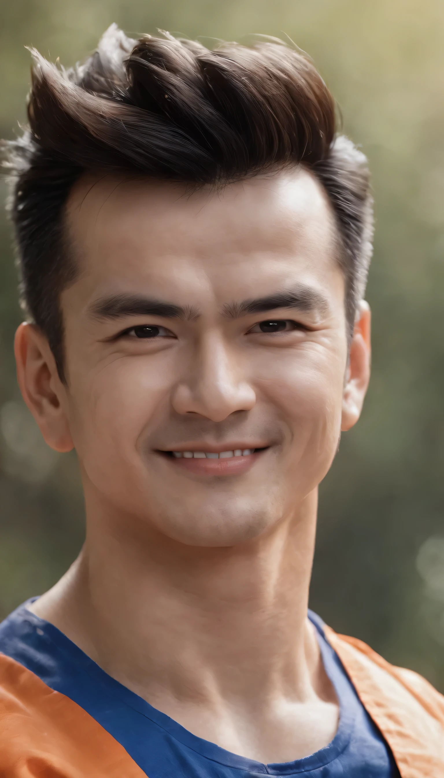 (Gohan)),masterpiece, (((realistic, 8k, best quality))),realistic, brazilian male, smile, gi, orange gi, dark blue short-sleeved undershirt,grin,8k