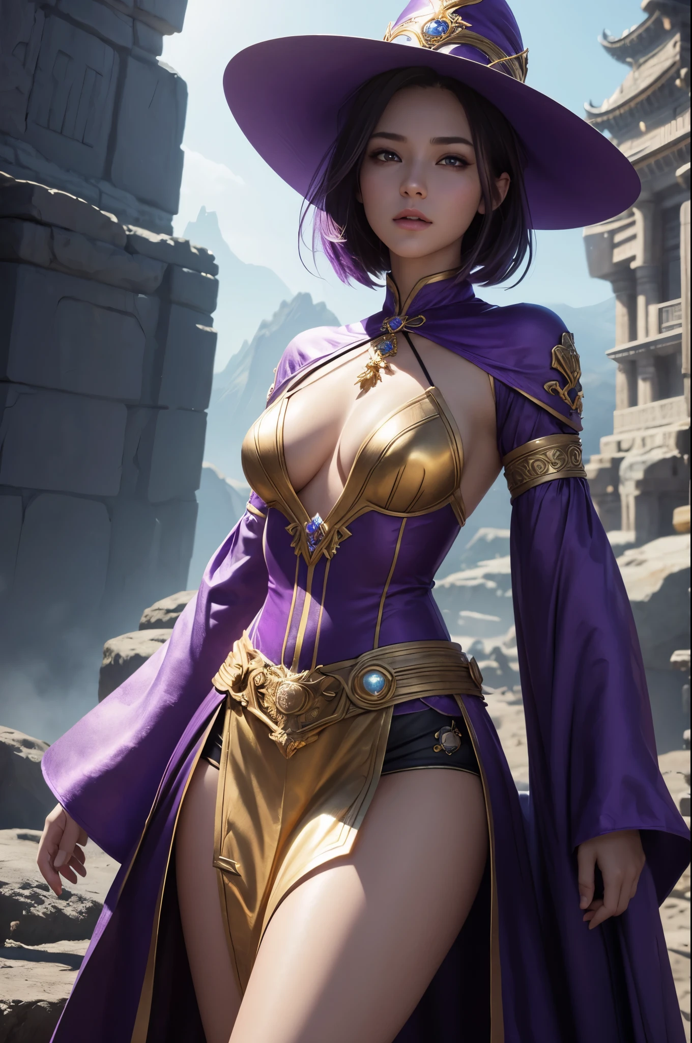8K,goddess with very small breasts,Goddess and wizard wearing purple costumes,very beautiful eyes,golden eyes,Light Purple Short Bob Hair,purple and gold skirt,small breasted goddess,rugged appearance,Highly detailed ArtGerm, up to the model | types of bacteria, Style types of bacteria, art germ style, fan art best art station, ! Dream types of bacteria, very warm, concept art | types of bacteria, Kushart Krenz Key Art Feminine,Super high resolution,Super realisticな肌,cute,fantasy art,character art,outside the big temple,wizard hat(golden decoration),rich colors, Backlight, cinematic lighting, film grain, born, 50mm lens, Nikon D850,ultra high resolution,Super realistic,Makeup,sexy,Mr.々pose,