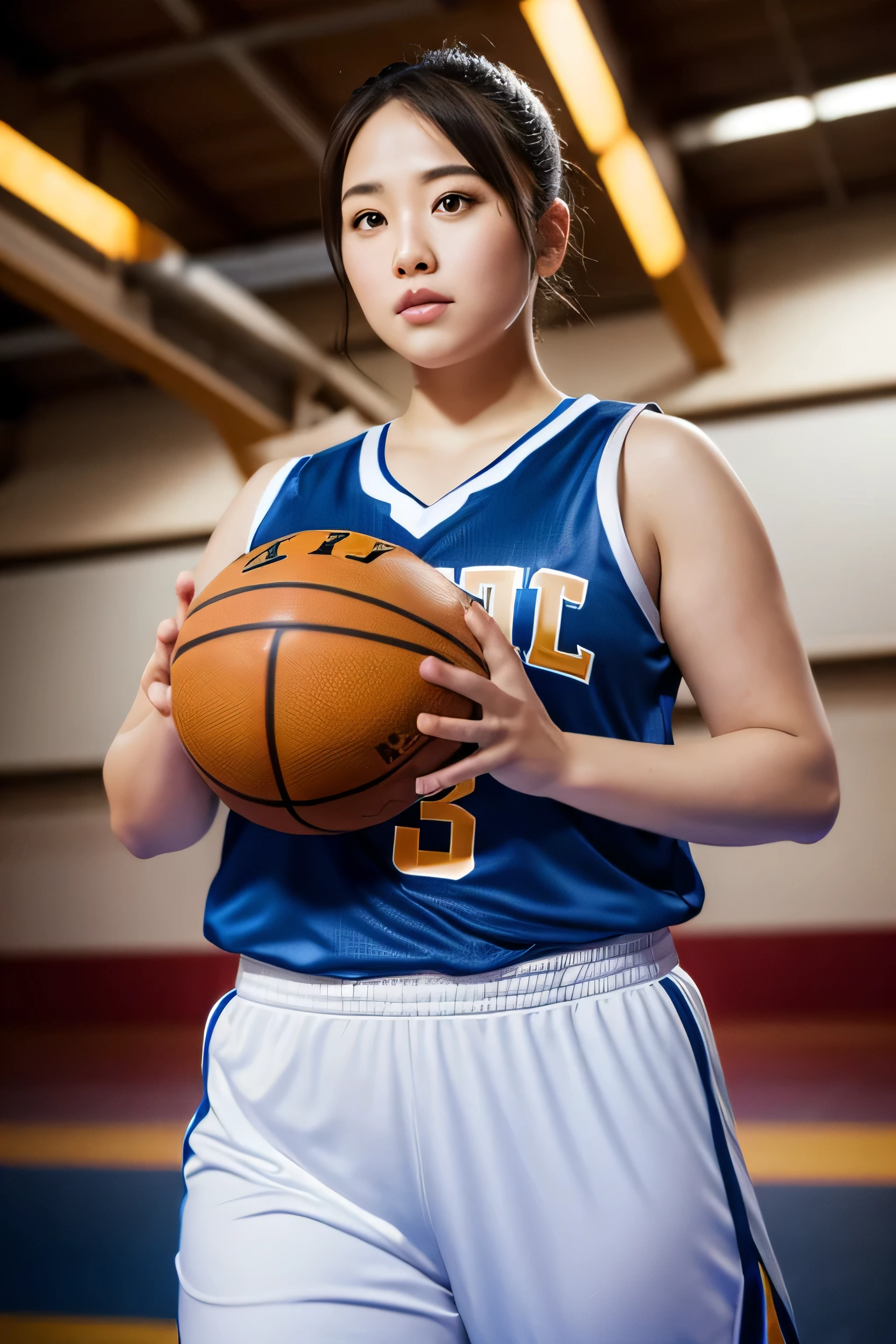 woman posing for a photo,(Wearing Basketball_uniform:1.3), good hand,4K, High resolution, masterpiece, highest quality, head:1.3,((hasselblad photography)), fine skin, sharp focus, (cinematic lighting),1 female breast, Overweight, extremely fat, Chubby, Japanese, clavicle, night, soft lighting, dynamic angle, [:(detailed face:1.2):0.2],(((Inside the basketball field))), outside,