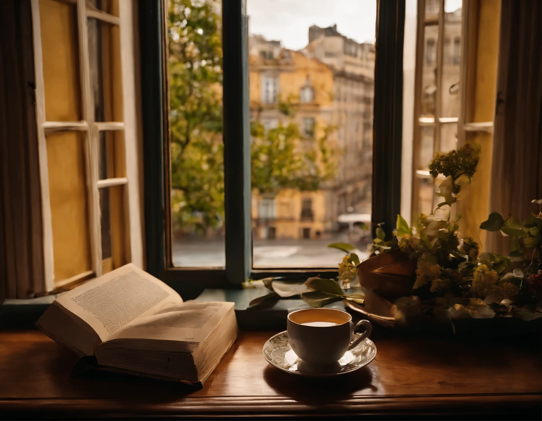 Quiet morning in the city，The secretary sits by the window，No meio da mesa havia um aberto, livro grosso，Next to the book there is a cup of tea，Chuva na janela，You can see the rising sun through the window，Tons amarelos dourados，muito detalhado，Alambiques perfeitos，High Definition Photography，8k